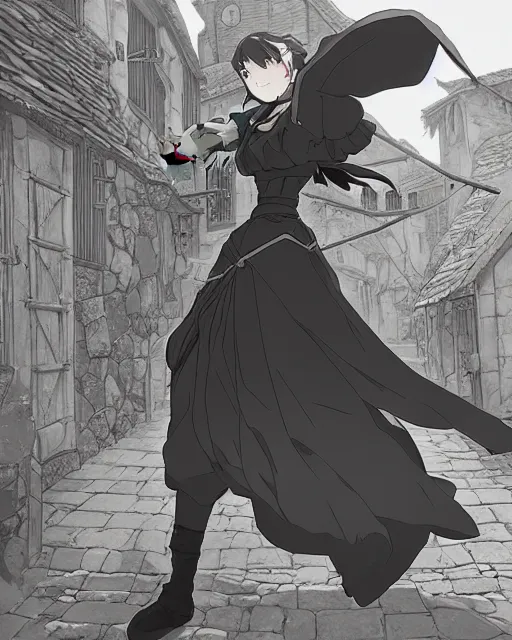 Image similar to key anime visual portrait of a young female walking through a medieval village, dynamic pose, dynamic perspective, detailed silhouette, film grain, face by yoh yoshinari, detailed, intricate