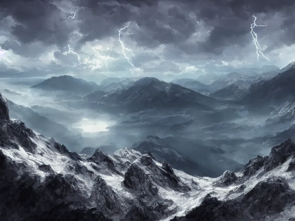 Image similar to realistic view from a mountaintop, high mountains, alps, pyranees, digital painting, 4 k, wallpaper, realistic lightning