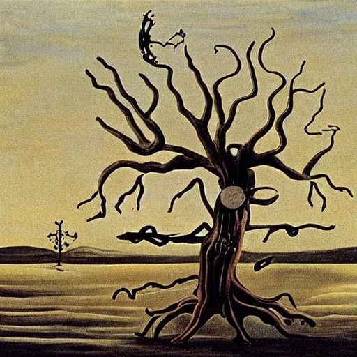 Image similar to a melted clock over a dead tree by salvador dali