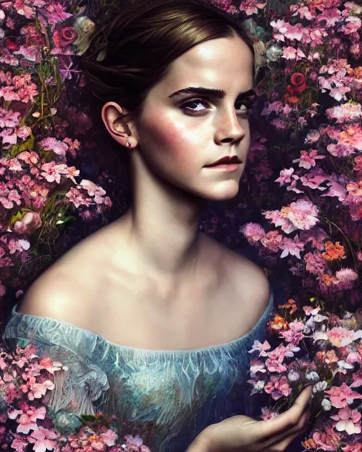 Prompt: portrait of emma watson, surrounded by flowers by karol bak, james jean, tom bagshaw, rococo, sharp focus, trending on artstation, cinematic lighting, hyper realism, octane render, 8 k, hyper detailed.