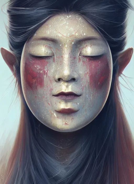 Image similar to a beautiful detailed oil on copper art illustration of a japanese okame mask woman, centered, by charlie bowater, zeng fanzh, trending on artstation, dim dusk lighting, cinematic lighting, detailed lighting, volumetric lighting, realistic, f 8, 4 k hd wallpaper