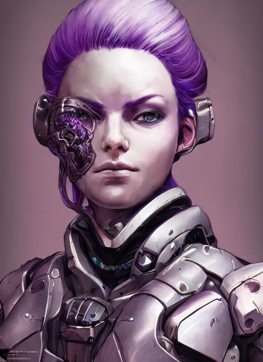 Image similar to close up portrait of a pale woman in sci - fi power armor with purple hair, powerful, domineering, stoic, masterful, intense, ultrafine hyperdetailed illustration by kim jung gi, irakli nadar, intricate linework, sharp focus, octopath traveler, yoji shinkawa, highly rendered, detailed, concept art