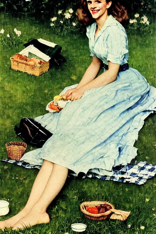 Image similar to photo photorealistic portrait photograph Emma Watson picnic in the green lawn 1950s portrait by Norman Rockwell