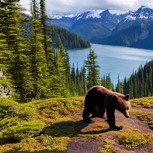 Image similar to spotting a bear from horseback in the pacific northwest, mountains, glaciers, alpine, intergalactic