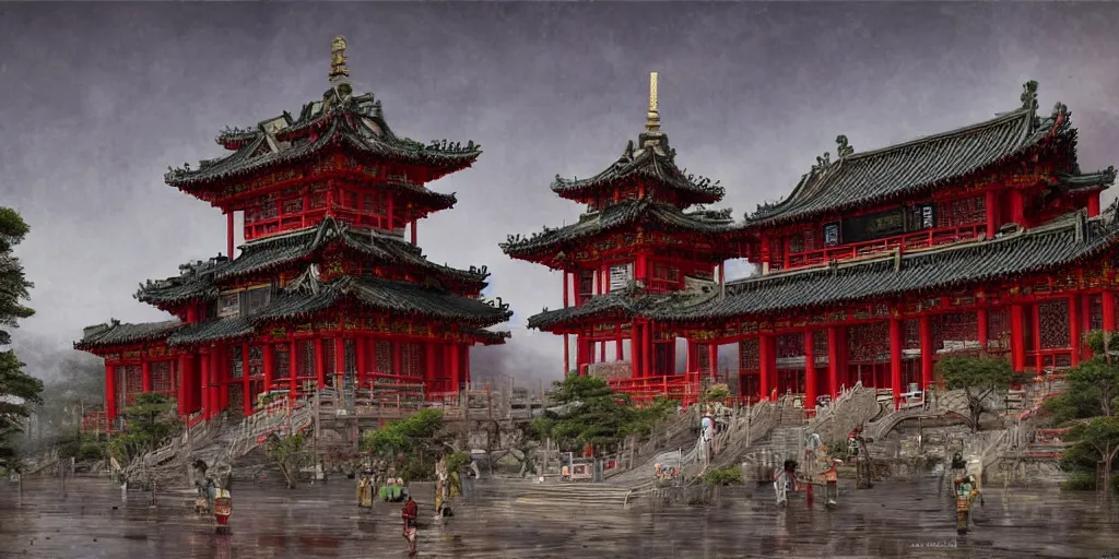 Prompt: a cyberpunk style chinese temple, by ivan shishkin, by james gurney, detailed, atmospheric, 8 k