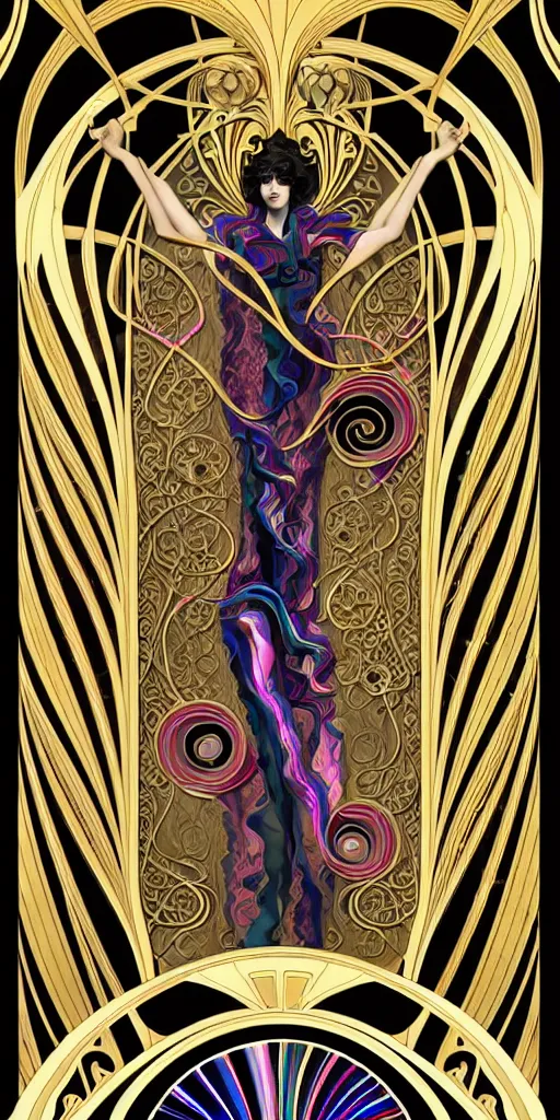 Image similar to the source of future growth dramatic, elaborate emotive Art nouveau styles to emphasise beauty as a transcendental, seamless pattern, symmetrical, large motifs, sistine chapel ceiling, 8k image, supersharp, spirals and swirls in Art Nouveau style, iridescent black and rainbow colors with gold accents, perfect symmetry, High Definition, sci-fi, Octane render in Maya and Houdini, light, shadows, reflections, photorealistic, masterpiece, smooth gradients, high contrast, 3D, no blur, sharp focus, photorealistic, insanely detailed and intricate, cinematic lighting, Octane render, epic scene, 8K