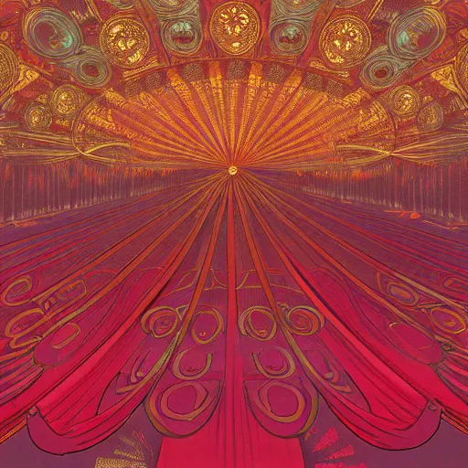 Image similar to background art of flowing theatre red curtains, centered radial design, gold art nouveau graphic elements, flowers, flower petals, movement, painting by mucha, beautiful lighting, anime, manga, studio ghibli, norman rockwell, trending on artstation