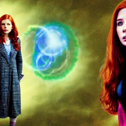 Image similar to Amy Pond staring into the Time Vortex and becoming the Bad Wolf, Doctor Who, Psychedelic, Hyper Realistic, Scifi