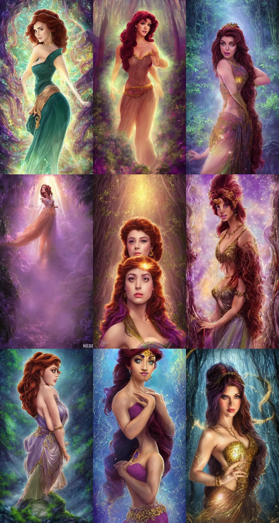 Prompt: Realistic portrait of Megara from Disney's Hercules, mystical forest lagoon, glowing glittery dust in the air, twilight, sunset, gloomy, eerie atmosphere, dynamic pose, ornate attire, intricate gold and crystal jewelry, diaphanous iridescent cloth, cinematic lighting, god rays, volumetric fog, bloom, by Nebezial, by Artgerm, by WLOP, by Ross Tran, by Sakimichan, fantasy, portfolio illustration, highly detailed, trending on Artstation, CGsociety, HQ, 8k, 35mm lens, f2.8, Bokeh,