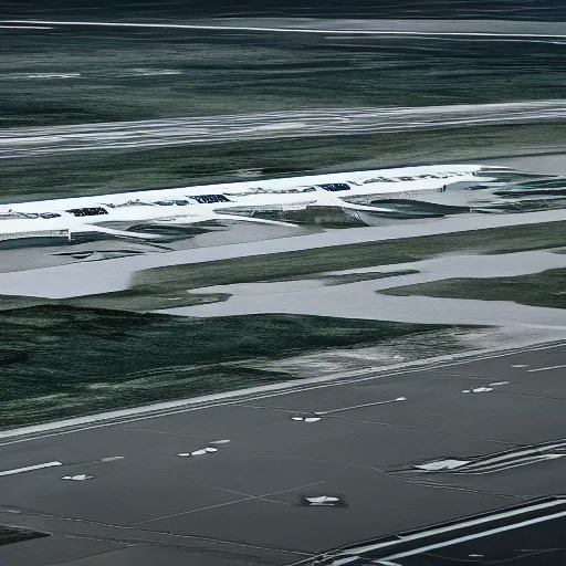 Image similar to photo of an airport tarmac, the floor is flooded with one meter deep water. eerie, volumetric lighting. highly - detailed 4 k