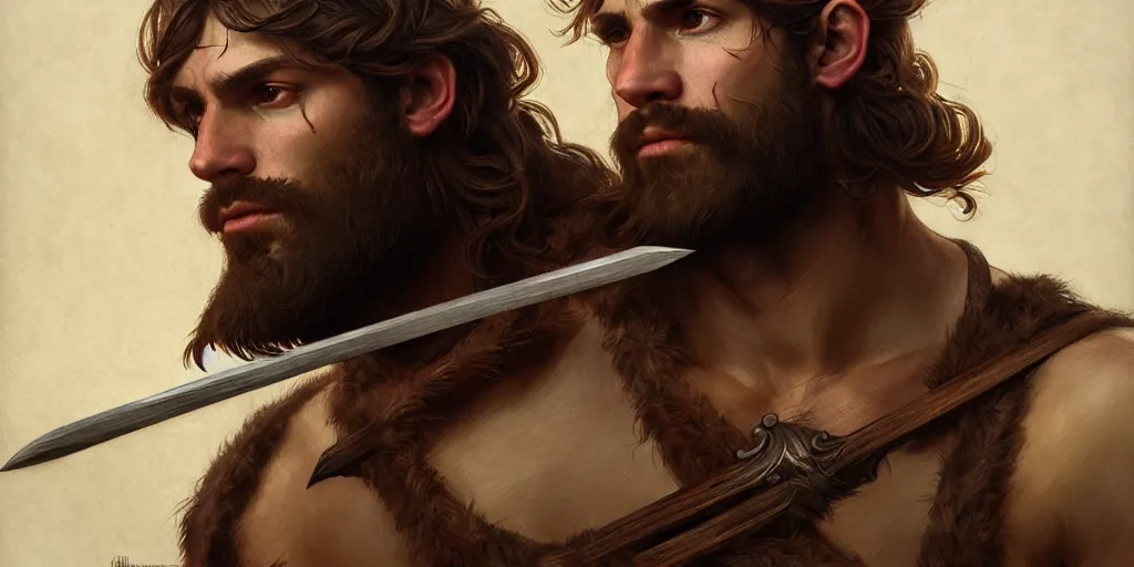 Image similar to renaissance upper body portrait of a gruff ranger with a spear, lean and toned, handsome face, hairy chest, D&D, intricate, elegant, highly detailed, digital painting, artstation, concept art, matte, sharp focus, illustration, art by da Vinci, Artgerm and Greg Rutkowski and Alphonse Mucha