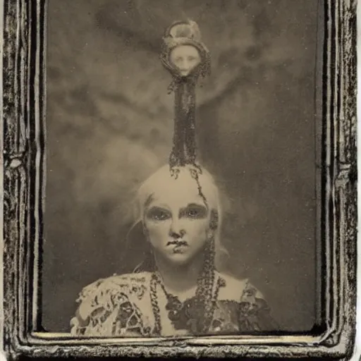 Image similar to tintype ambrotype daguerreotype of a cthulhu priestess adorned in occult jewelery with tentacle hair. emerging walking out of a baroque frame. striking face.