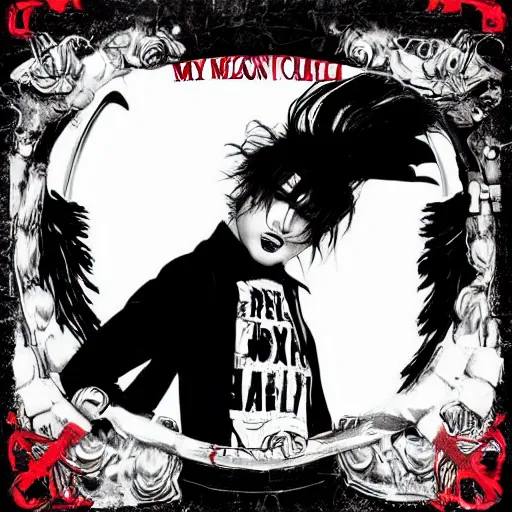 Prompt: My Chemical Romance’s new collaboration album with Pierce The Veil, the style of metal band album covers, deep and emotional, black, red and white color scheme, has both band’s logos, metalcore, emo, dramatic, featuring a girl and a boy