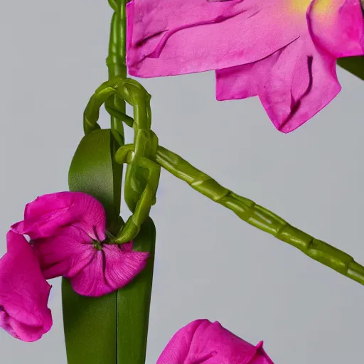 Prompt: studio photograph of a thin green vine creature with vine limbs and a pink blooming flower bulb with many sharp teeth