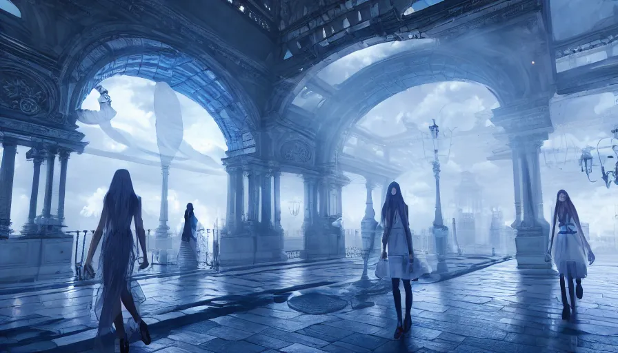 Image similar to Fashion Catwalk!! Walkway in an Angelic Floating City in the Clouds, Hyperrealistic, Intricate Details, Raytracing, Volumetric Lighting, Lightshafts, Blue and White Color Palette, Unreal Engine 5, Photorealism, Concept Art