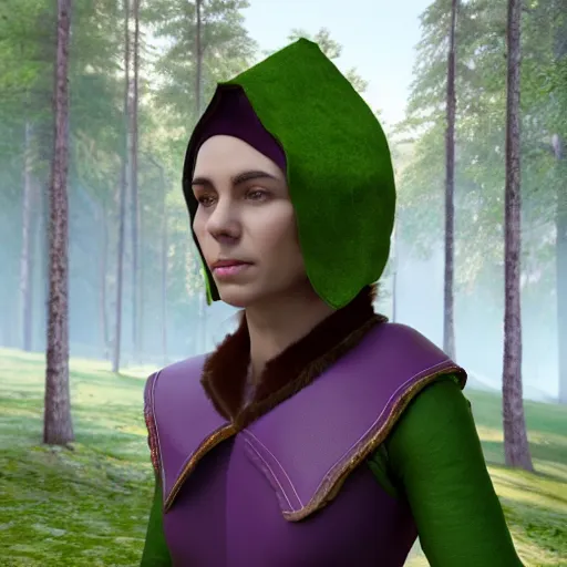 Image similar to anya charlota as a medieval fantasy elf, dark purplish hair tucked behind ears, wearing a green tunic with a fur lined collar and brown leather armor, wide, muscular build, scar across nose, one black, scaled arm, cinematic, character art, digital art, forest background, realistic. 8 k, 3 d render.
