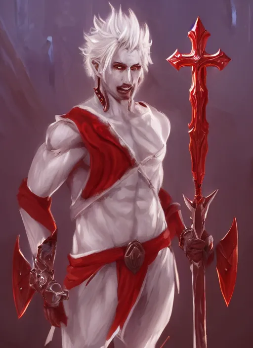 Image similar to a highly detailed illustration of white haired african priest, wearing cross on robe, wielding red blades made of blood, evil standing smiling pose, muscular, intricate, elegant, highly detailed, centered, digital painting, artstation, concept art, smooth, sharp focus, league of legends concept art, WLOP