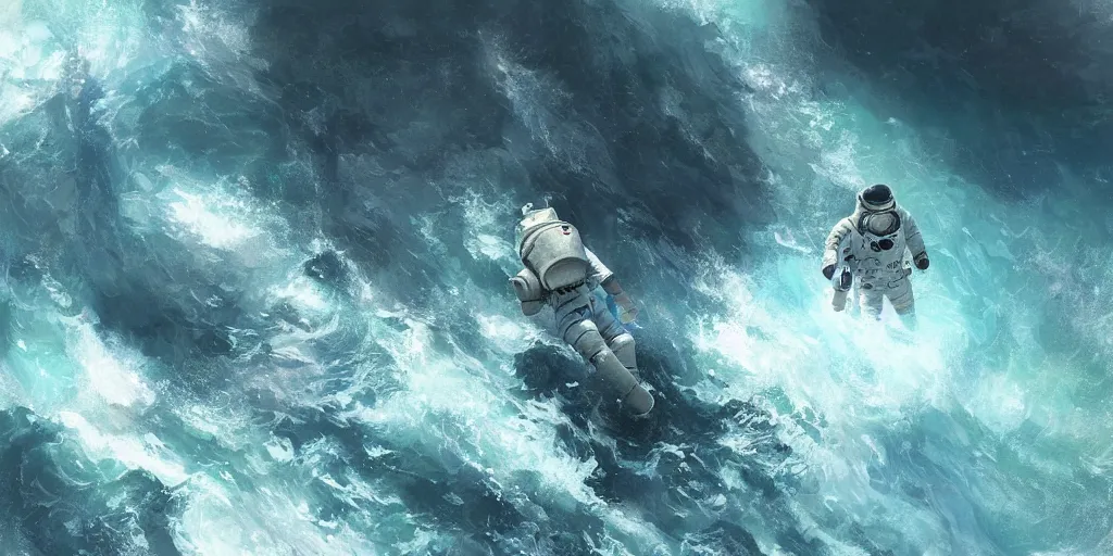 Prompt: an astronaut waist deep in the ocean,digital art,detailed,ultra realistic,art by greg rutkowski