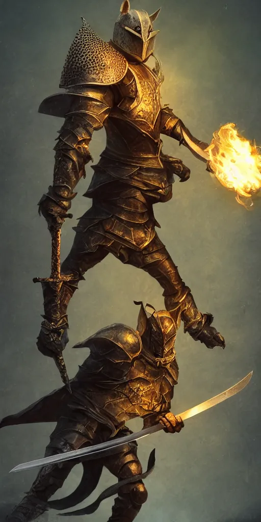 Image similar to full body portrait of half rat knight holding a great sword made of fire, anthropomorphic, prompt:hyper realistic, high detail, photo realistic, cinematic lighting, rendering by octane, spot lighting, in a open field, high quality, coherent. green hue armor