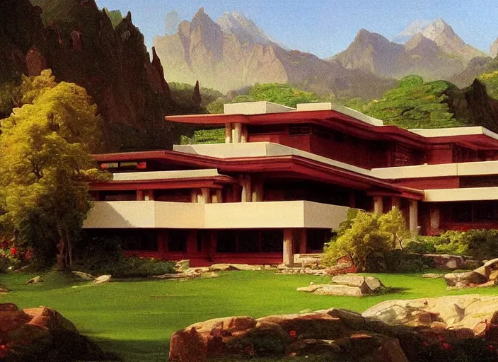 Image similar to painting of a frank lloyd wright house in front of beautiful mountains by thomas cole