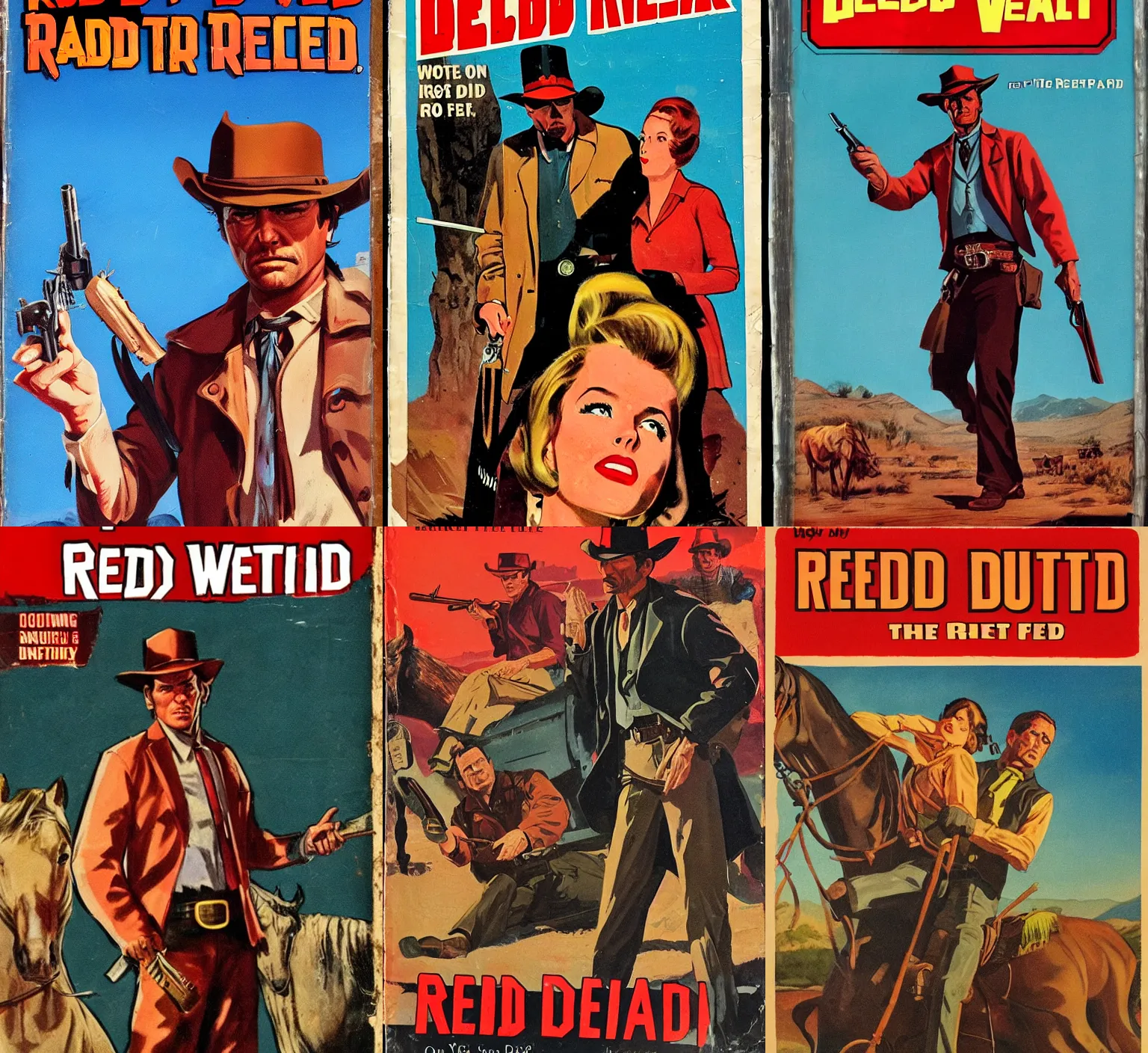 Prompt: a PULP paperback novel cover Red Dead in the 1960s, western noir, dime store novel, trade paperback