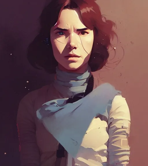 Image similar to portrait of a female han solo by atey ghailan, by greg rutkowski, by greg tocchini, by james gilleard, by joe fenton, by kaethe butcher, dynamic lighting, gradient light blue, brown, blonde cream and white color scheme, grunge aesthetic