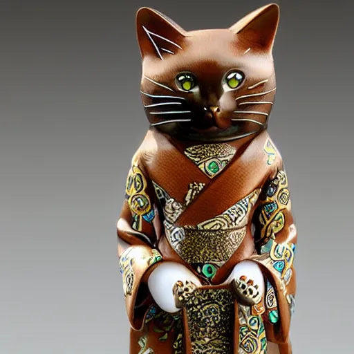 Prompt: elegant tall thin anthropomorphic cat figurine wearing a detailed kimono, hand carved brown resin, kimono robe detailed, very highly detailed, petite, exquisite details, intricate, monotone, shy looking away waving one paw head turned slightly, deep focus, maneki - neko