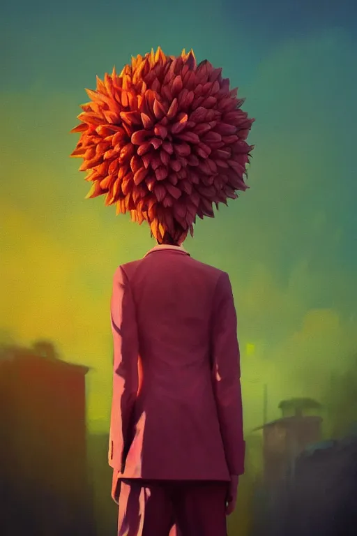 Image similar to closeup giant dahlia flower head, girl in a suit, standing in street, surreal photography, sunrise, dramatic light, impressionist painting, digital painting, artstation, simon stalenhag