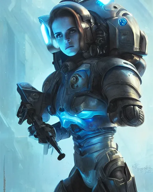 Image similar to portrait, emma watson in starcraft ii, sci - fi, futuristic armor with blue neon lights, space marine, dramatic lighting, highly detailed, digital painting, 3 d render, hyper realistic detailed portrait, greg rutkowski, wlop, ruan jia, peter mohrbacher