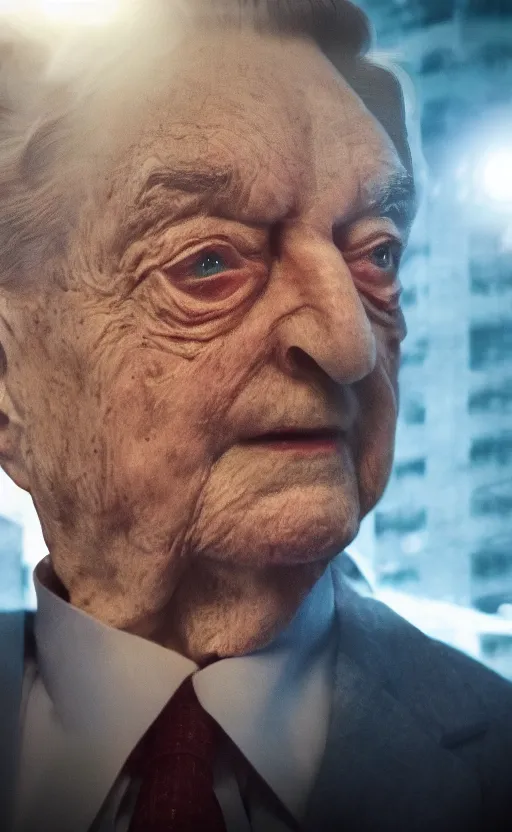 Prompt: Portrait of George Soros looking evil, splash art, movie still, cinematic lighting, dramatic, octane render, long lens, shallow depth of field, bokeh, anamorphic lens flare, 8k, hyper detailed, 35mm film grain