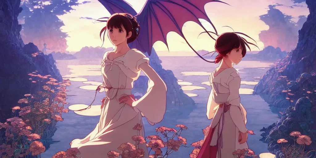 Image similar to the girl and the magic dragon. anime visual, early in the morning. by hayao miyazaki and rossdraws and artgerm and greg rutkowski and alphonse mucha. anime production by studio ghibli. high quality, stunning, intricate detailed environment. 8 k