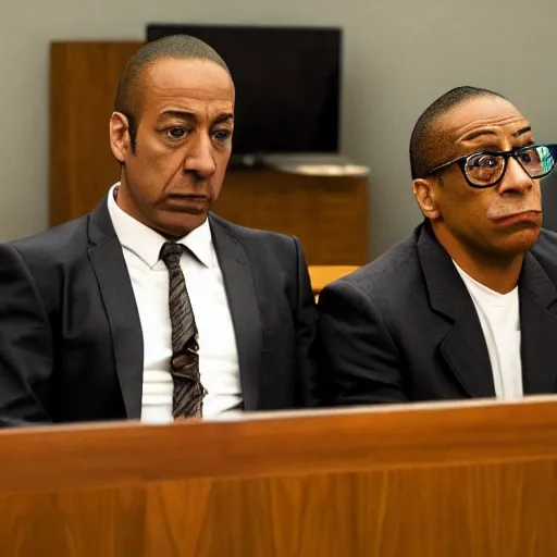 Prompt: saul goodman and gus fring sitting in a courtroom