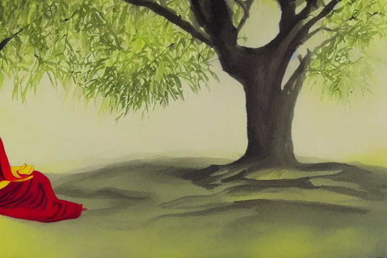 Image similar to painting of a peaceful buddha meditating under a tree, acrylic art, calm, soothing, cosy, elegant, soft light,