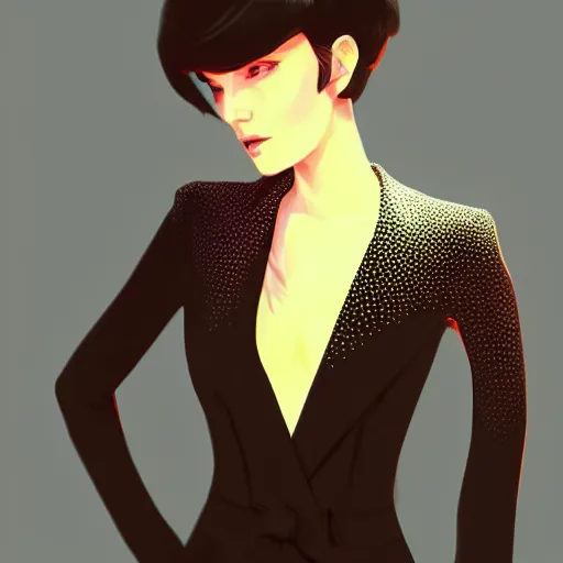 Image similar to girl in tuxedo with black chaotic wavy short haircut, elegant, 2d, ultra highly detailed, digital painting, smooth, sharp focus, artstation, art by Ilya Kuvshinov