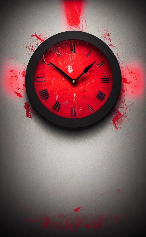 Image similar to a melting Roman numeral clock, behind a red and black gradient background, awith a black heart shaped on the top left corner and a black diamond card shape in the bottom right corner, dynamic lighting, photorealistic fantasy concept art, trending on art station, stunning visuals, cinematic, creative, ultra detailed