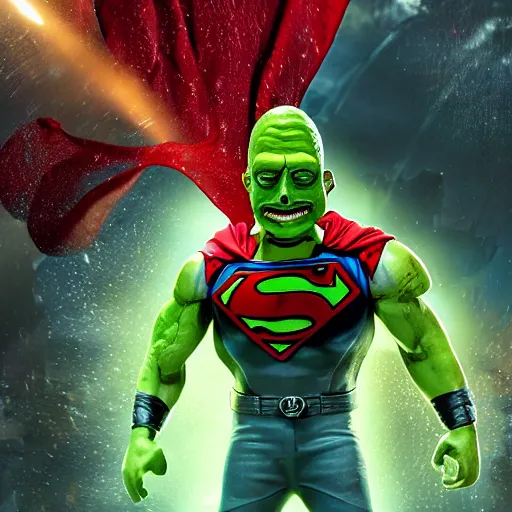 Image similar to pickle rick as superman! flying in ( gears of war ), splash art, movie still, detailed face, photorealistic facial features, cinematic lighting, dramatic, octane render, long lens, shallow depth of field, bokeh, anamorphic lens flare, 8 k, hyper detailed, 3 5 mm film grain