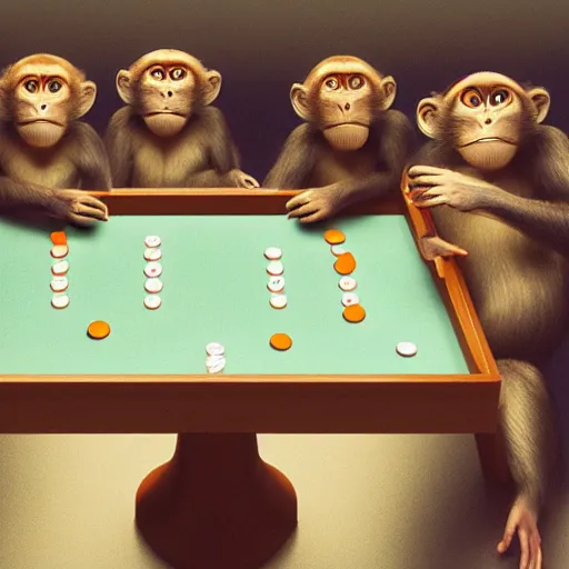 Image similar to A beautiful performance art of a group of monkeys playing backgammon. The monkeys are seated around a table, with some of them appearing to be deep in concentration while others appear to be playing more casually. octane 3d, chestnut by George Tice, by Jamie McKelvie mild, calm