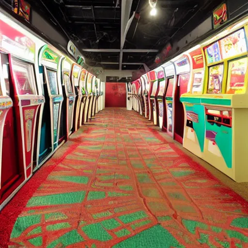 Prompt: an empty arcade with only one arcade game left, and a door to the left with an exit sign above it, the carpet is brown