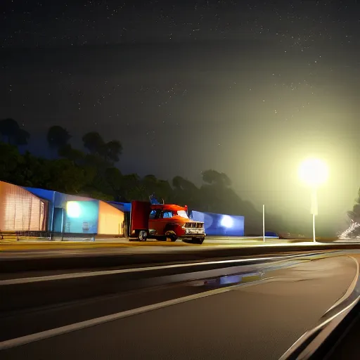 Image similar to trucks by night, moonlight, beamlight, reflections in pavement, and fog, detailed and realistic, bloom