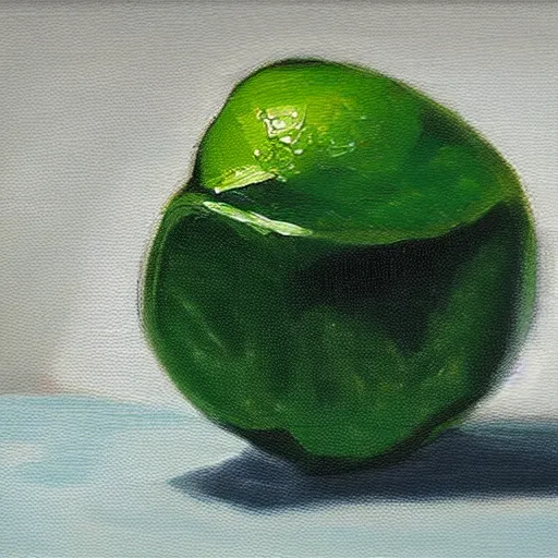 Image similar to oil painting of an ice cube in front of a slice of lime.