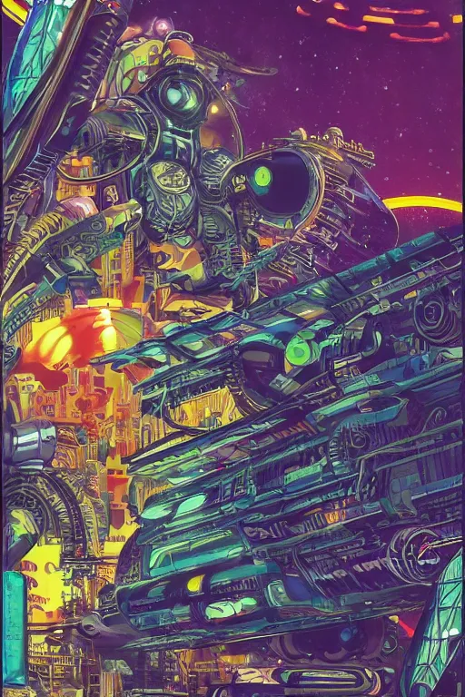 Image similar to a hyper-maximalist overdetailed retrofuturist scifi bookcover illustration from '70s. Biopunk, solarpunk style.