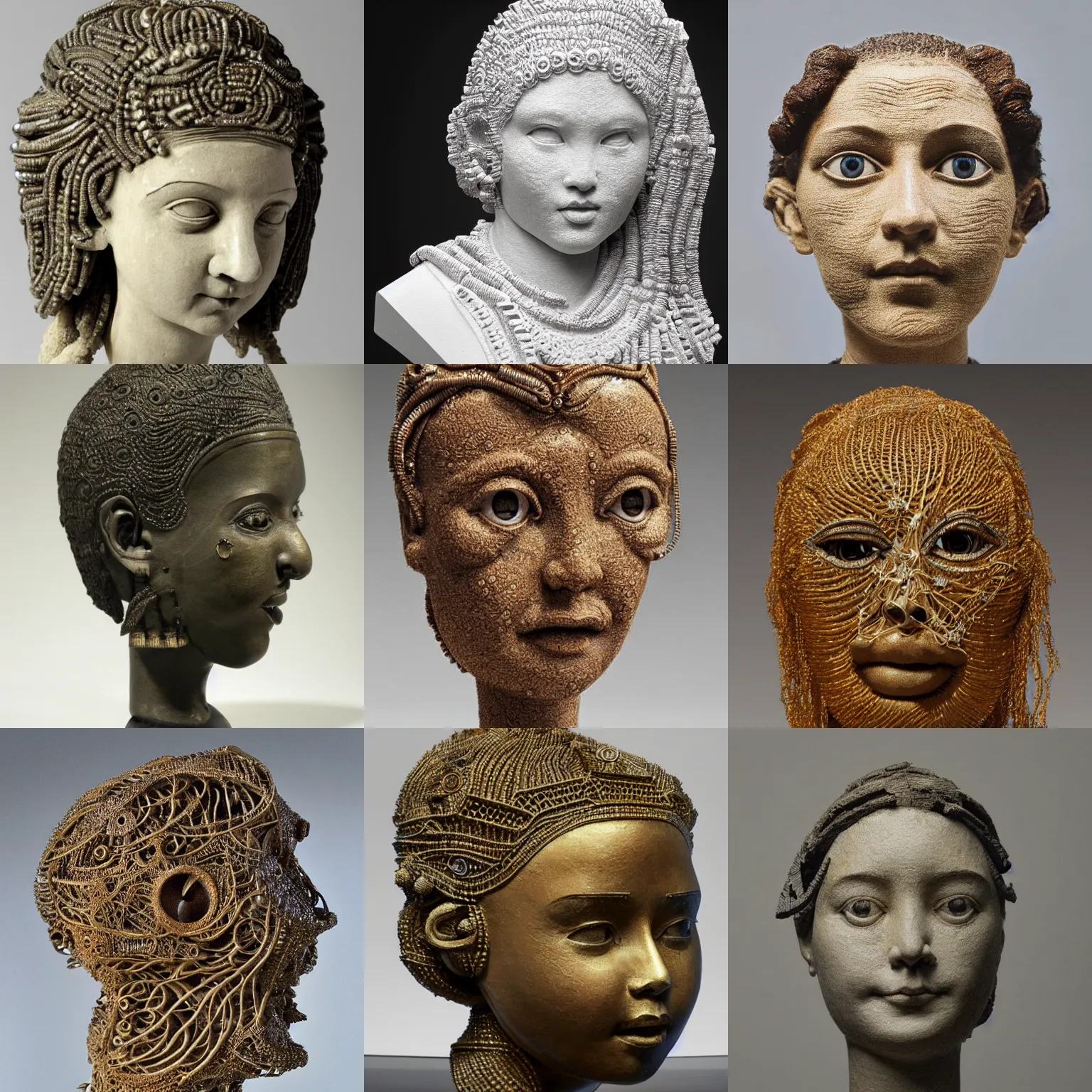 Prompt: an intricate and extremely detailed sculpture of a female head made of bosons