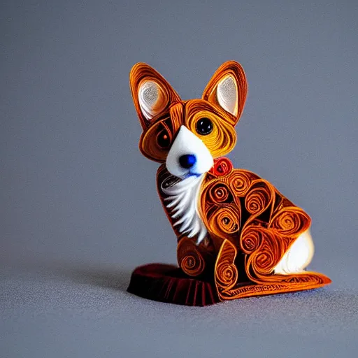 Prompt: intricate paper quilling of a corgi puppy, highly detailed, photograph