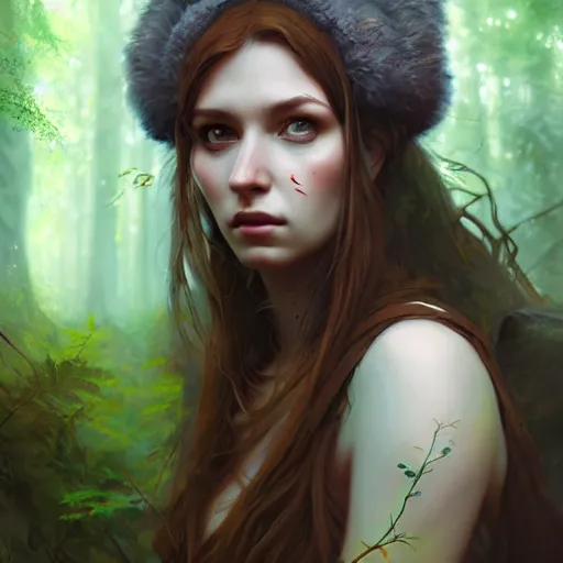 Image similar to a pretty female druid surrounded by forest animals, in the woods, hyper realistic, digital painting, photorealistic, in the style of greg rutkowski, detailed face