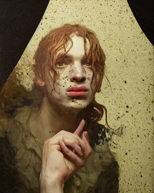 Image similar to a beautiful and eerie baroque painting of a beautiful but serious young man in layers of fear, with haunted eyes and freckles, 1 9 7 0 s, seventies, peeling wallpaper, wilted flowers, morning light showing injuries, delicate ex embellishments, painterly, offset printing technique