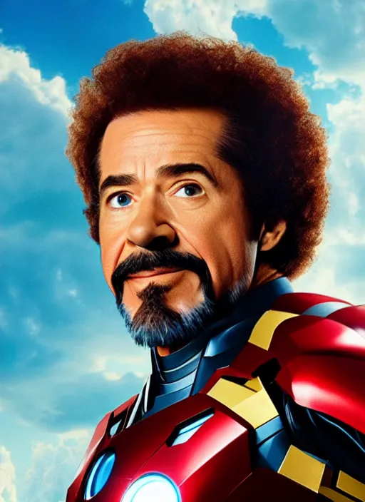 Prompt: film still of Bob Ross as Tony Stark in Iron Man, 4k