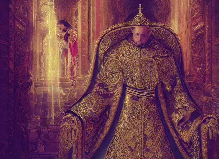 Image similar to kneeling before the pope, royal robe, gold trim, close - up, light effect, hyper detailed, intricate, atmospheric, elegant, photorealistic by paul lehr, marco mazzoni, featured on cgsociety, rococo, whimsical, artstation