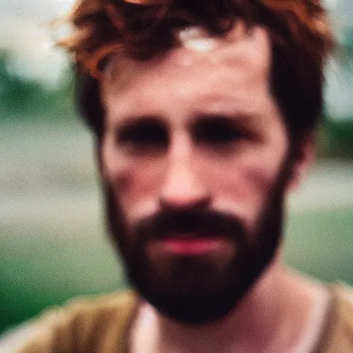 Image similar to A 4x5 portrait of a man, who is dishevelled and beaten down, a million-mile stare, bokeh, depth of field, pastel colours overlap, grainy, rule of thirds