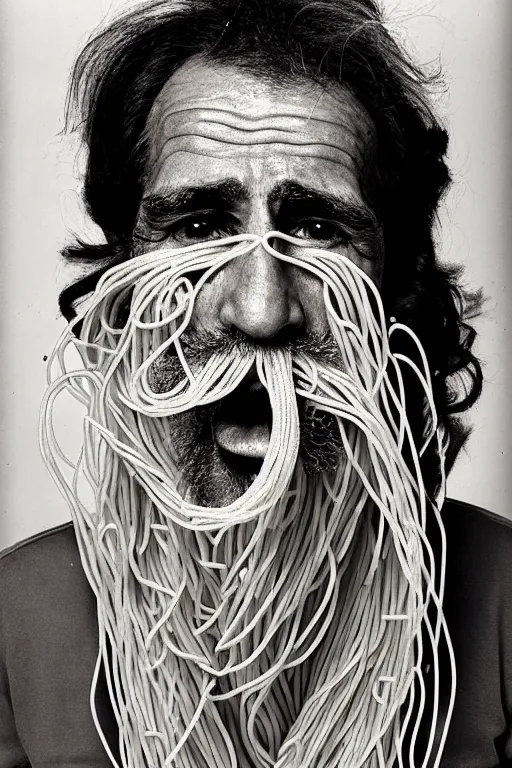 Image similar to extremely detailed portrait of old italian cook, spaghetti mustache, slurping spaghetti, spaghetti in the nostrils, spaghetti hair, spaghetti beard, huge surprised eyes, shocked expression, scarf made from spaghetti, full frame, award winning photo by herb ritts