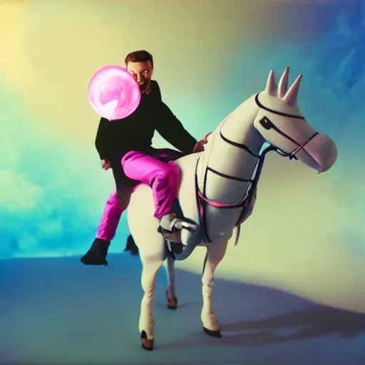 Prompt: justin timberlake riding a pink unicorn in space, cinestill 8 0 0 t, award winning photograph, taken in 1 9 9 9